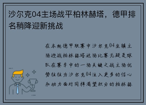 沙尔克04主场战平柏林赫塔，德甲排名稍降迎新挑战