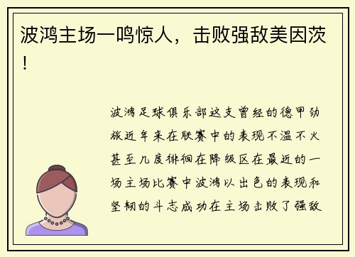 波鸿主场一鸣惊人，击败强敌美因茨！